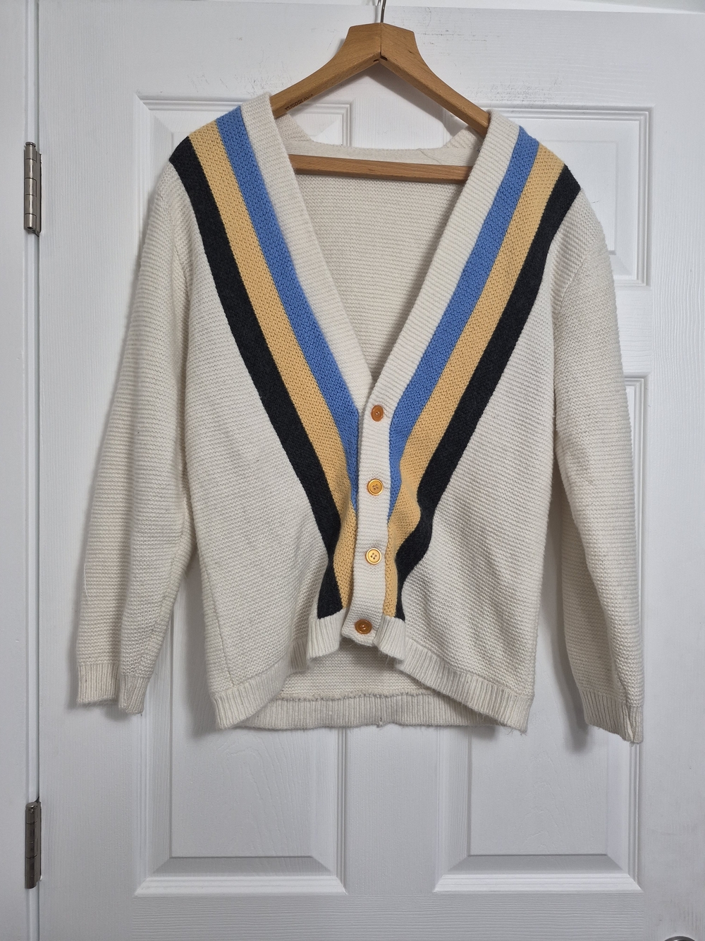 Cream V-Neck Stripe Knit Button-Front Cardigan Sweater